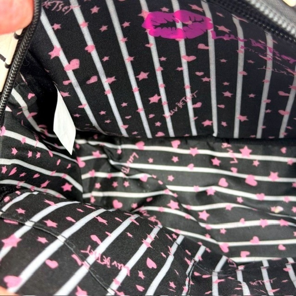 Luv Betsey by Betsey Johnson Mini Backpack Pink Black Heart Quilt Striped Chain - Picture 7 of 13